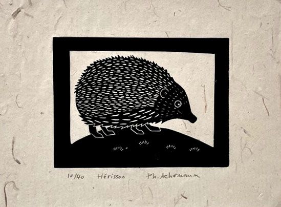 Gravure figuratif petit format noir HERISSON – PHILIPPE ACHERMANN – 18 × 24 cm