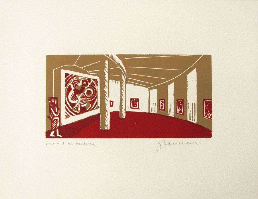 Gravure figuratif petit format rouge MUSÉE D'ART MODERNE – JULIA CHAUSSON – 33 × 25 cm