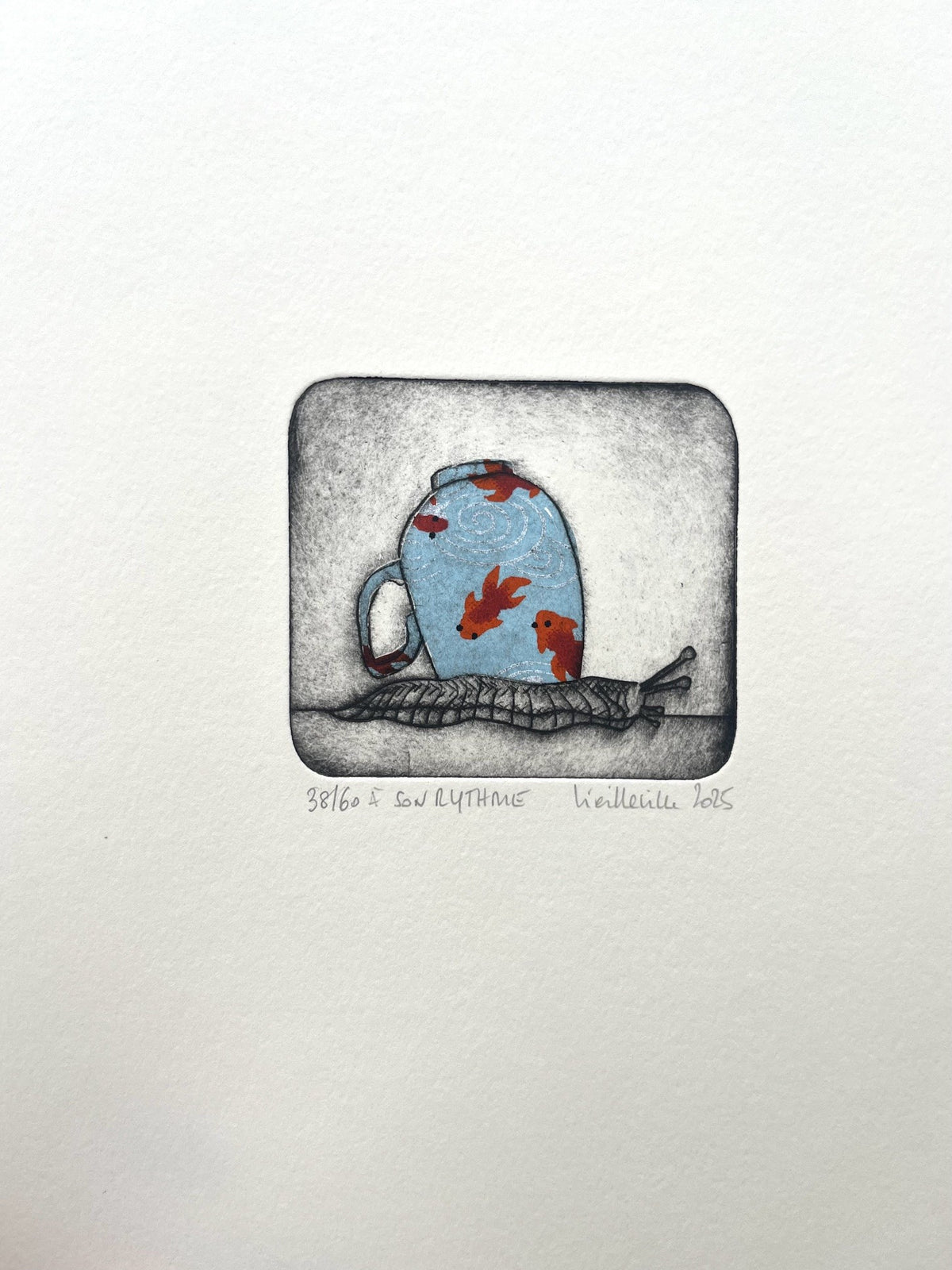Gravure gravure petit format bleu à son rythme - 38/60 – NAVIEILLEVILLE – 27 × 18 cm