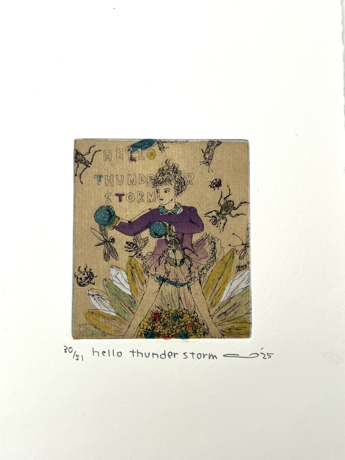 Gravure gravure petit format ocre hello thunder storm – ATSUKO ISHII – 21 × 15 cm