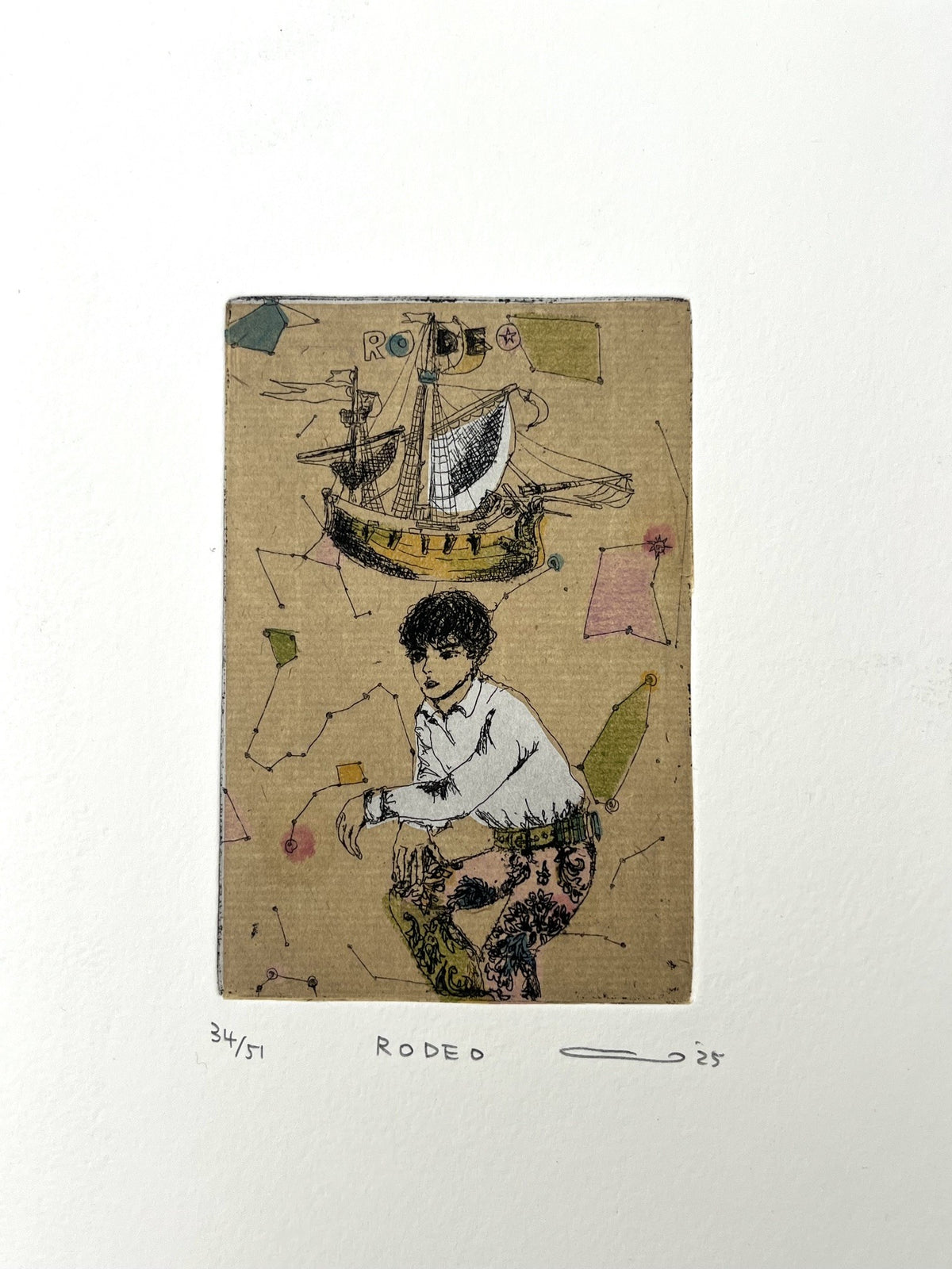Gravure gravure petit format ocre rodéo – ATSUKO ISHII – 21 × 15 cm