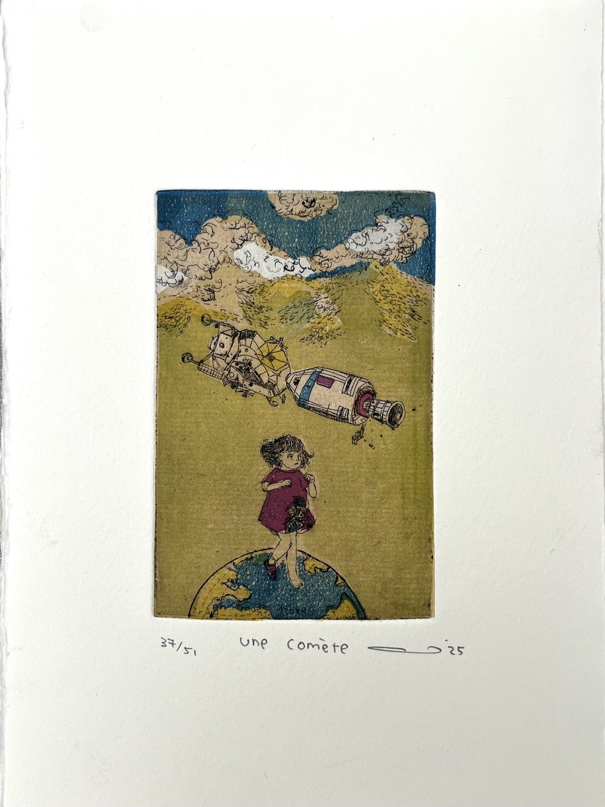 Gravure gravure petit format ocre et vert une comète – ATSUKO ISHII – 21 × 15 cm