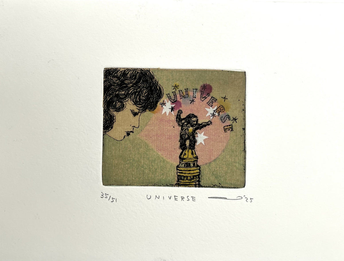 Gravure gravure petit format ocre et vert UNIVERSE – ATSUKO ISHII – 15 × 21 cm