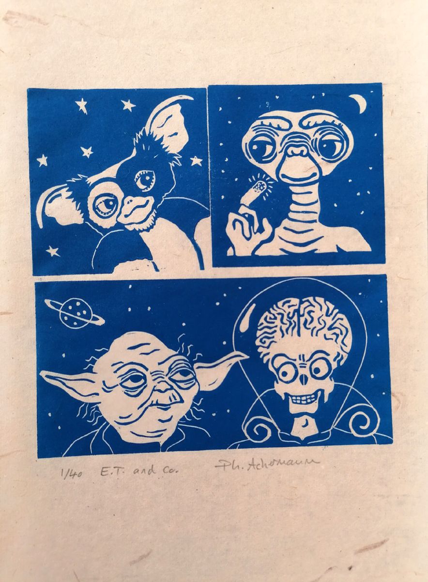 Linogravure figuratif petit format bleu E.T.  AND CO. – PHILIPPE ACHERMANN – 20 × 30 cm