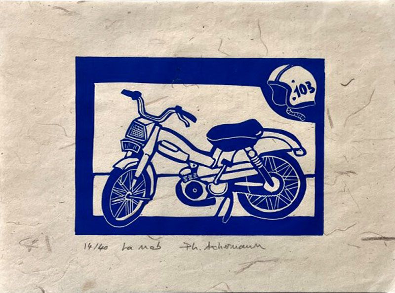Linogravure figuratif petit format bleu LA MOB – PHILIPPE ACHERMANN – 18 × 24 cm