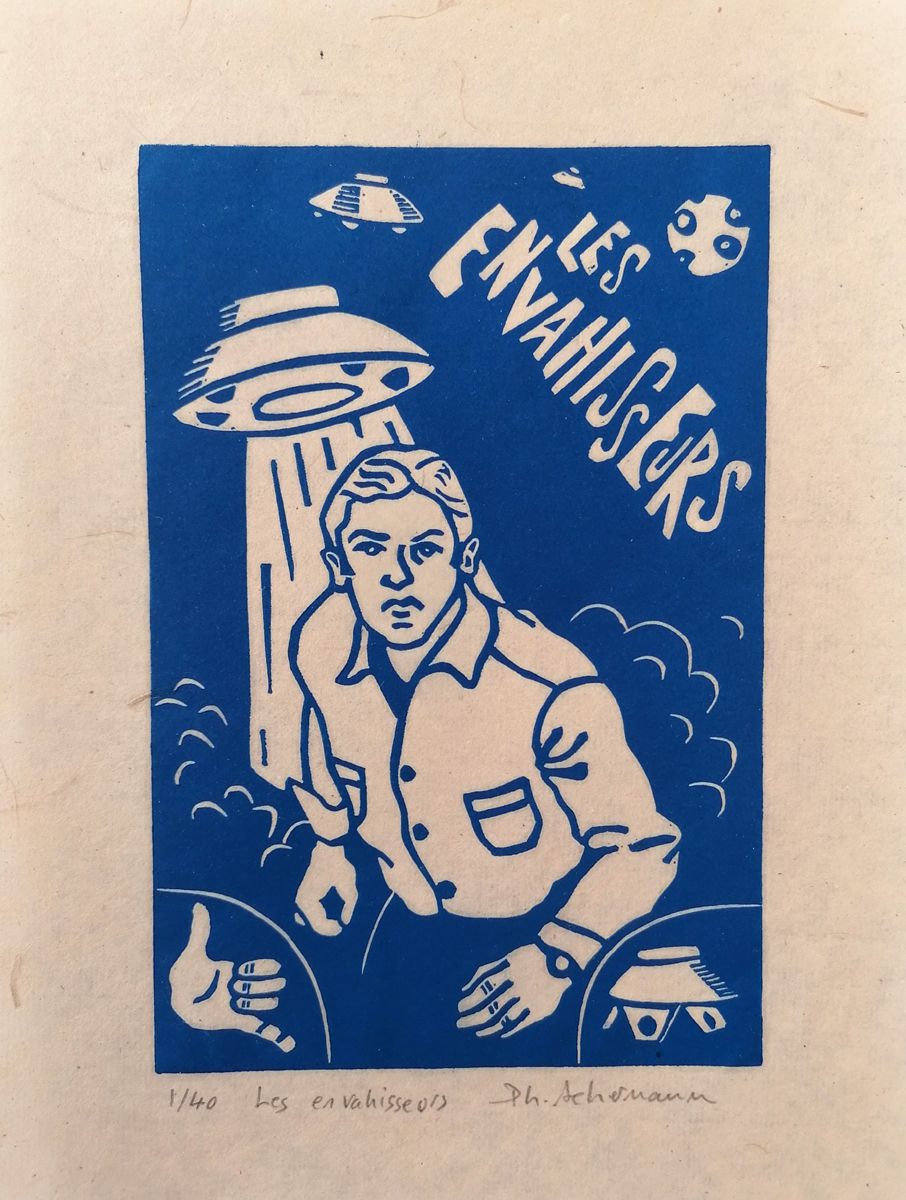 Linogravure figuratif petit format bleu LES ENVAHISSEURS – PHILIPPE ACHERMANN – 18 × 24 cm