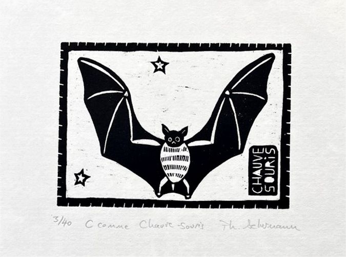 Linogravure figuratif petit format noir C COMME CHAUVE SOURIS – PHILIPPE ACHERMANN – 18 × 24 cm