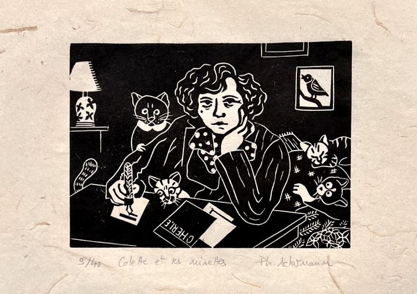 Linogravure figuratif petit format noir COLETTE ET SES MINETTES – PHILIPPE ACHERMANN – 18 × 24 cm