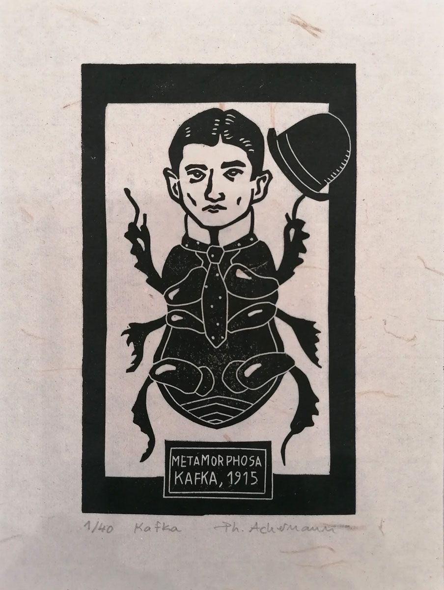 Linogravure figuratif petit format noir Kafka – PHILIPPE ACHERMANN – 18 × 24 cm