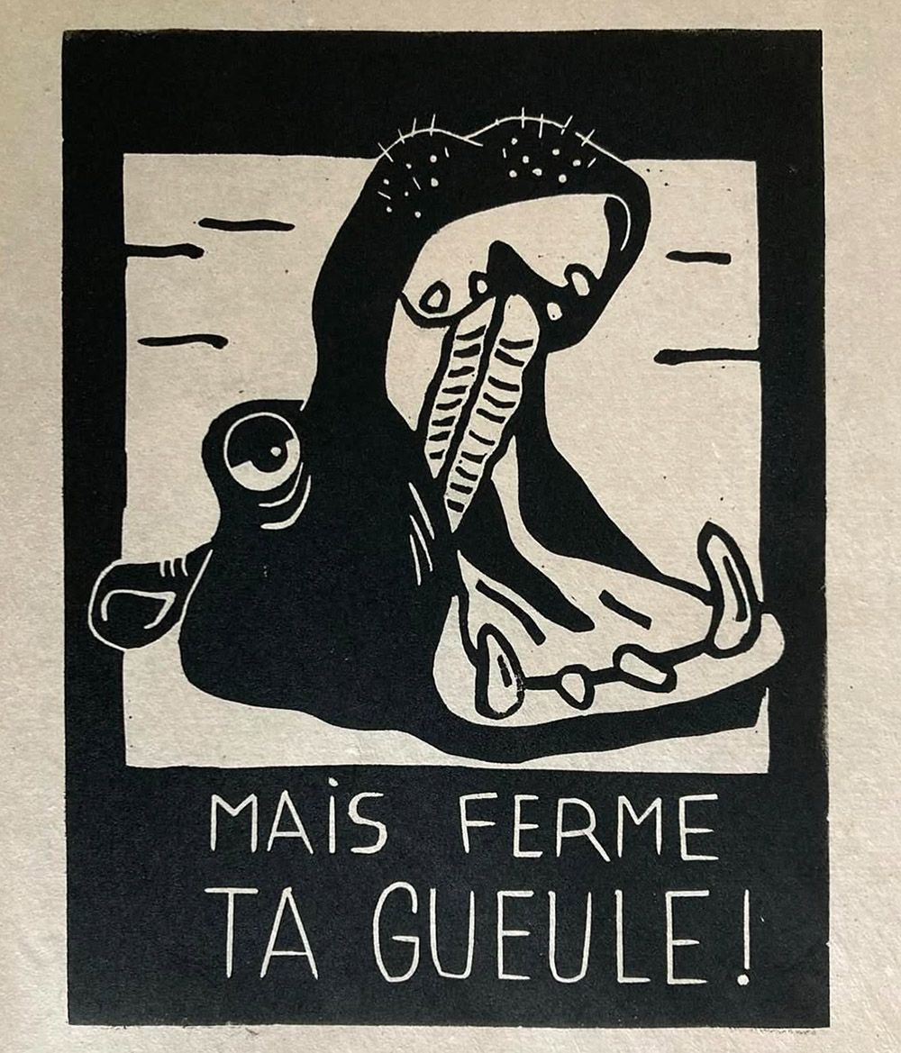 Linogravure figuratif petit format noir Mais ferme ta gueule ! – PHILIPPE ACHERMANN – 18 × 24 cm
