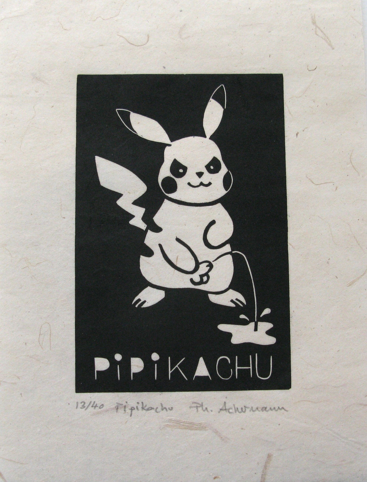 Linogravure figuratif petit format noir Pipikachu – PHILIPPE ACHERMANN – 18 × 24 cm