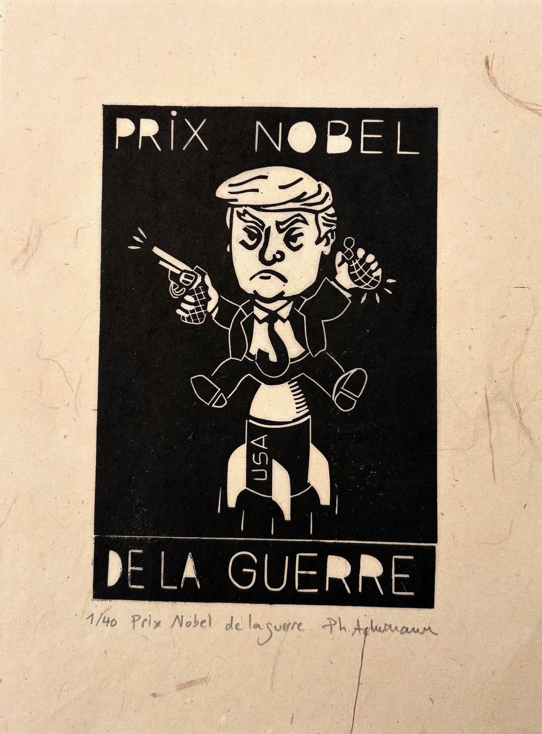 Linogravure figuratif petit format noir Prix Nobel de la guerre – PHILIPPE ACHERMANN – 18 × 24 cm