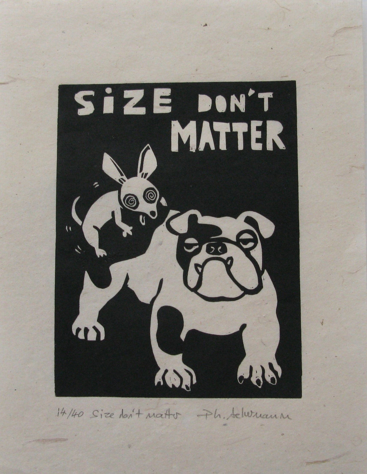 Linogravure figuratif petit format noir Size don't matter – PHILIPPE ACHERMANN – 18 × 24 cm