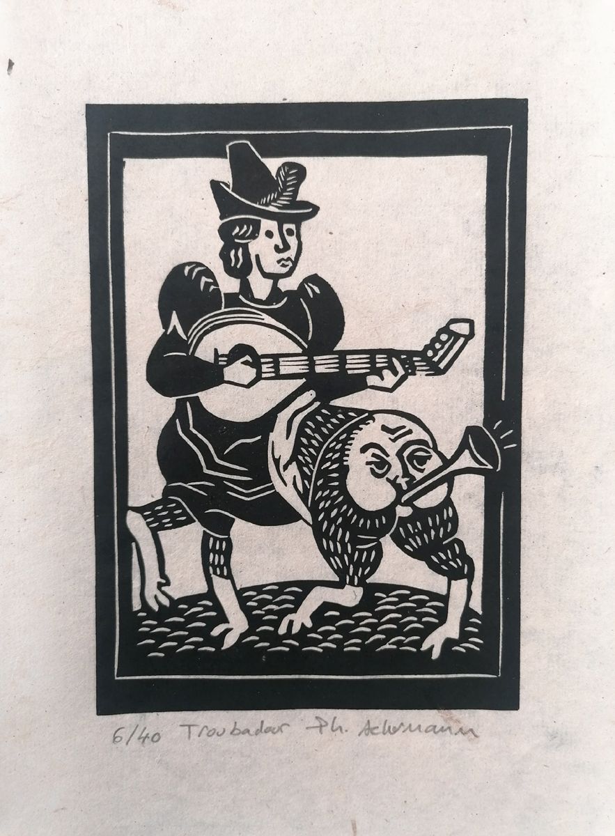 Linogravure figuratif petit format noir TROUBADOUR  papier – PHILIPPE ACHERMANN – 18 × 24 cm