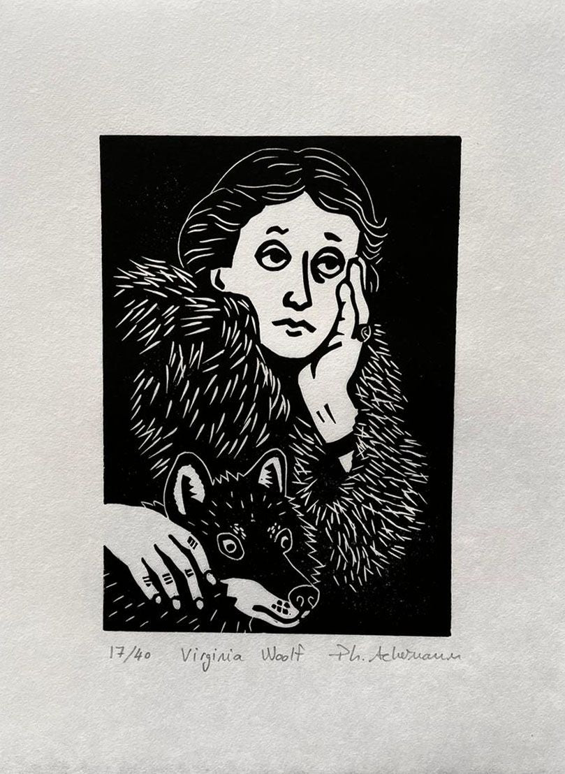 Linogravure figuratif petit format noir Virginia Wolf – PHILIPPE ACHERMANN – 24 × 18 cm