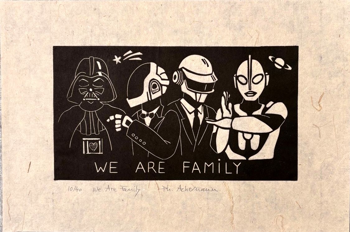 Linogravure figuratif petit format noir We are family – PHILIPPE ACHERMANN – 20 × 30 cm