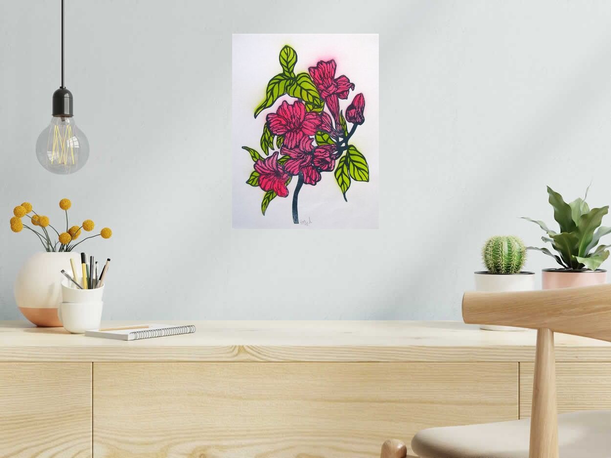 Linogravure FLEURS DE LA MORT de OSRU dans un intérieur – 30 × 40 cm