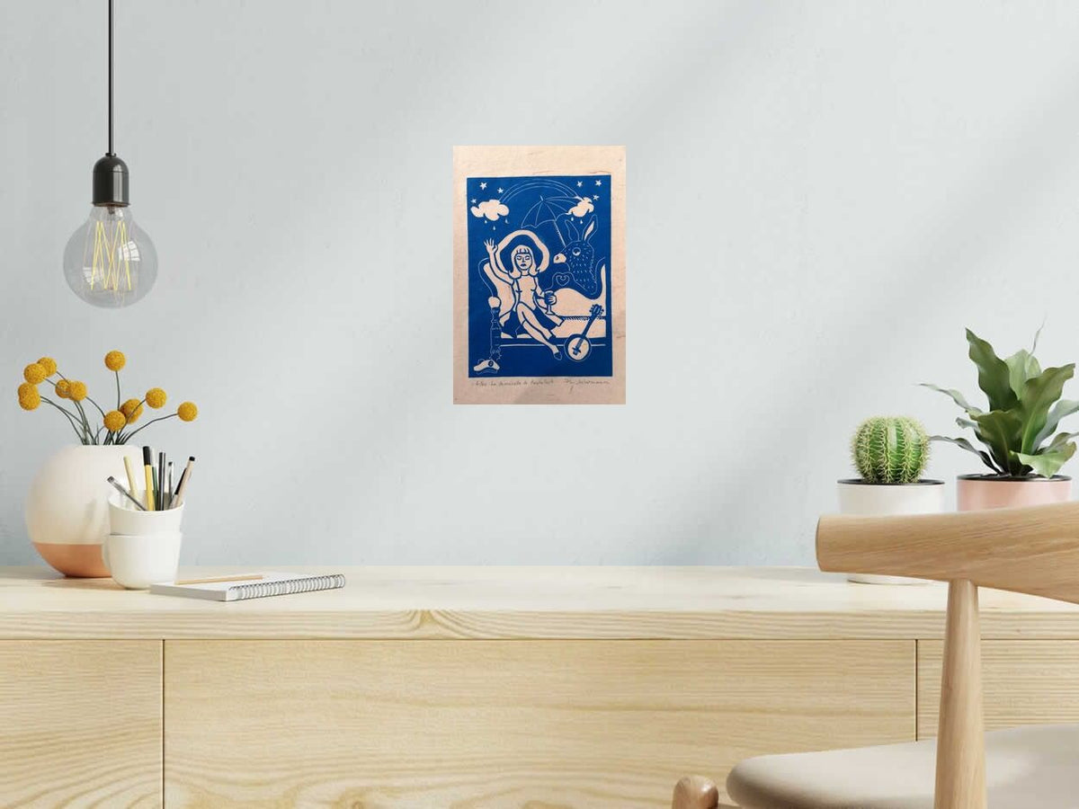 Linogravure LA  DEMOISELLE DE ROCHEFORT de PHILIPPE ACHERMANN dans un intérieur – 20 × 30 cm