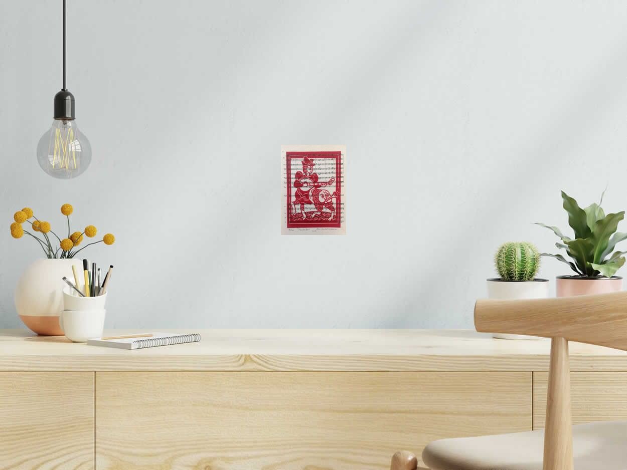 Linogravure TROUBADOUR Partitions de PHILIPPE ACHERMANN dans un intérieur – 13 × 18 cm