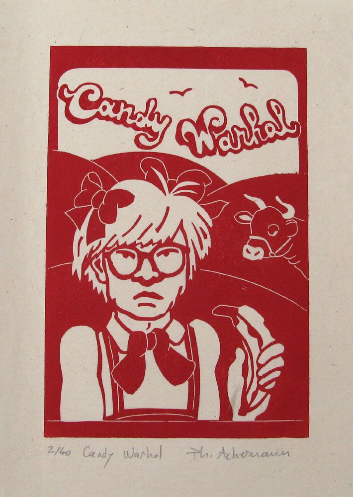 Linogravure figuratif petit format rouge Candy Warhol – PHILIPPE ACHERMANN – 18 × 24 cm