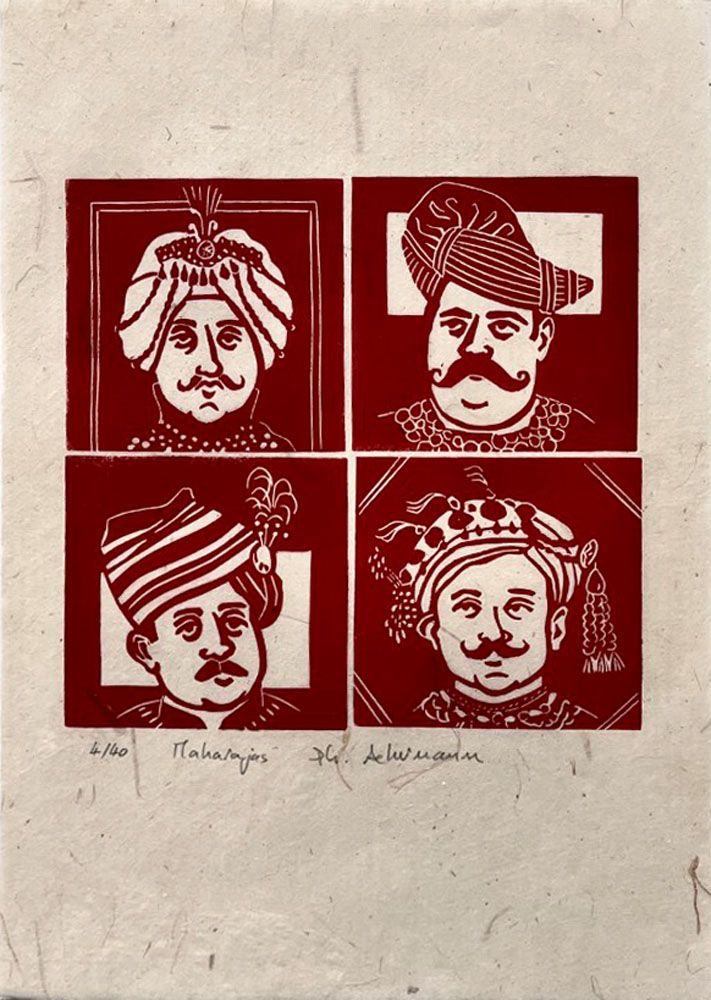Linogravure petit format rouge Maharajas – PHILIPPE ACHERMANN – 20 × 30 cm