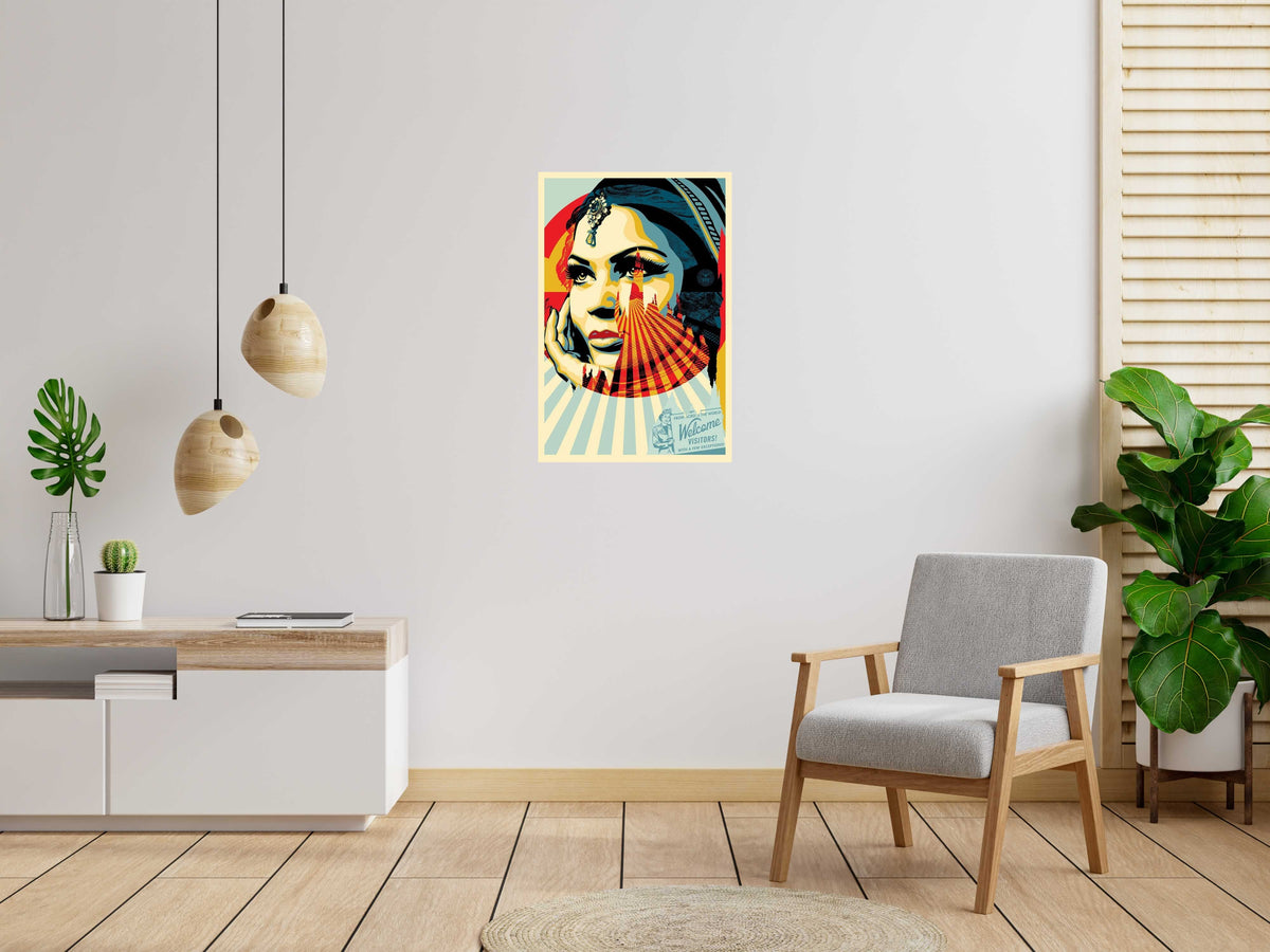 Lithographie WELCOME VISITORS de OBEY : SHEPARD FAIREY dans un intérieur – 61 × 91 cm