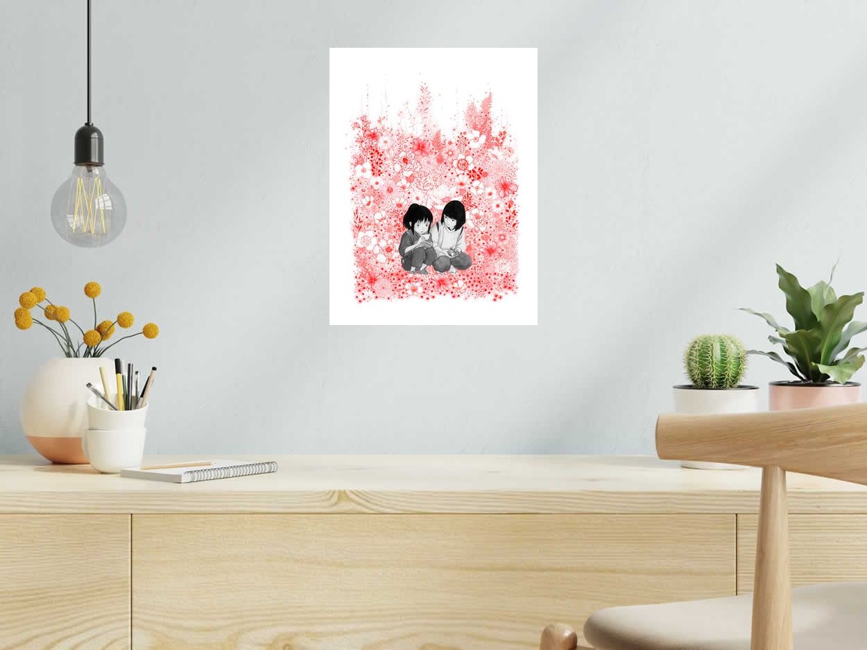 Editions d'art de CAMILLE POLI a pour titre  FLOWER CHIHIRO rouge style figuratif, graphique dim : CAMILLE POLIprix:90