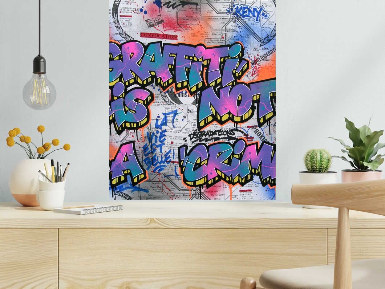Tableau de KENY a pour titre  GRAFFITI IS NOT A CRIME style graffiti, street art dim : KENYprix:300