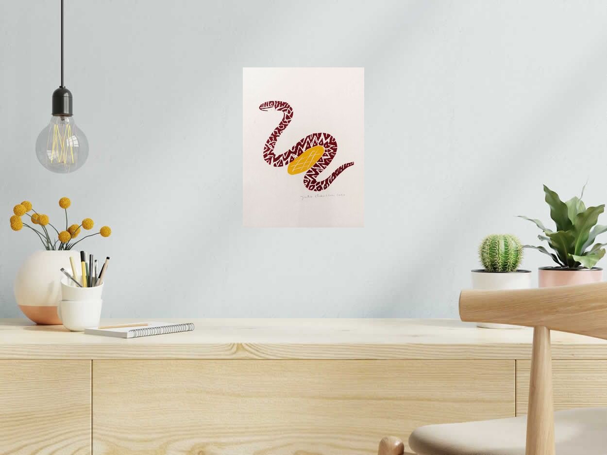 Editions d'art de JULIA CHAUSSON a pour titre  LE SERPENT ET LA GALETTE style figuratif dim : JULIA CHAUSSONprix:50