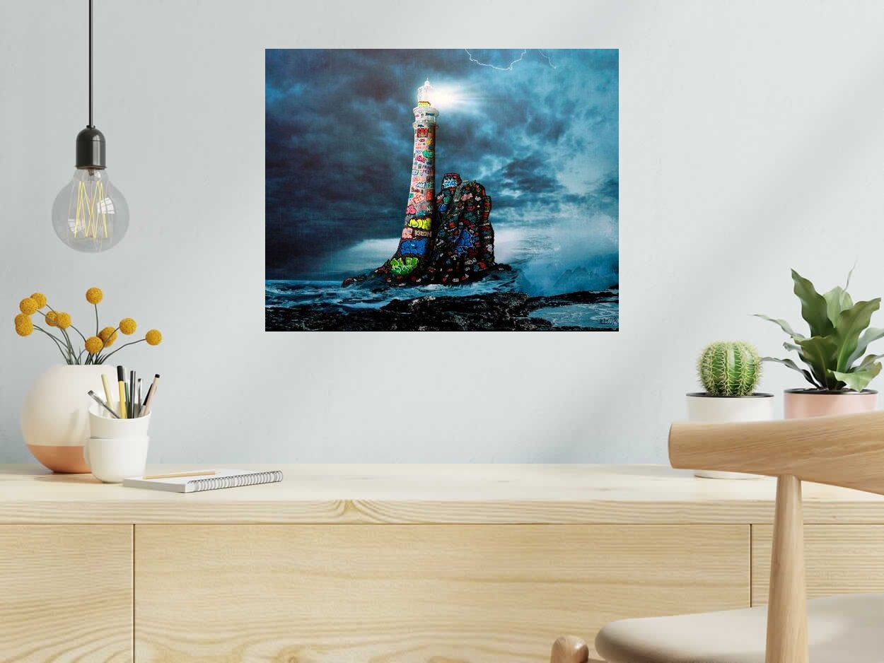 Editions d'art de BLACH a pour titre  Le phare sous la tempête style street art dim : BLACHprix:100