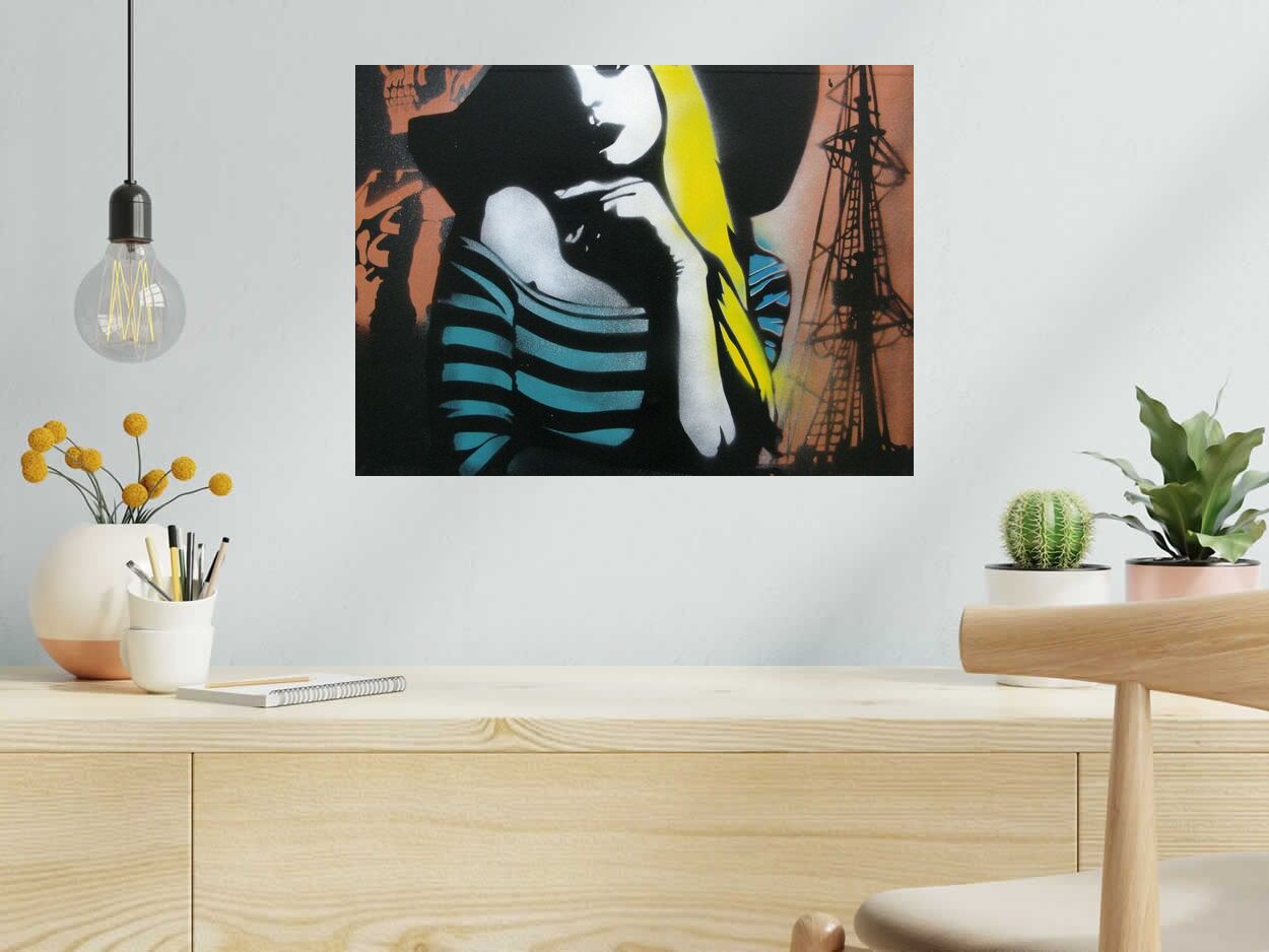 Tableau de KARO TRASS a pour titre  Margaux attend sur le port style street pop art, street art dim : KARO TRASSprix:170