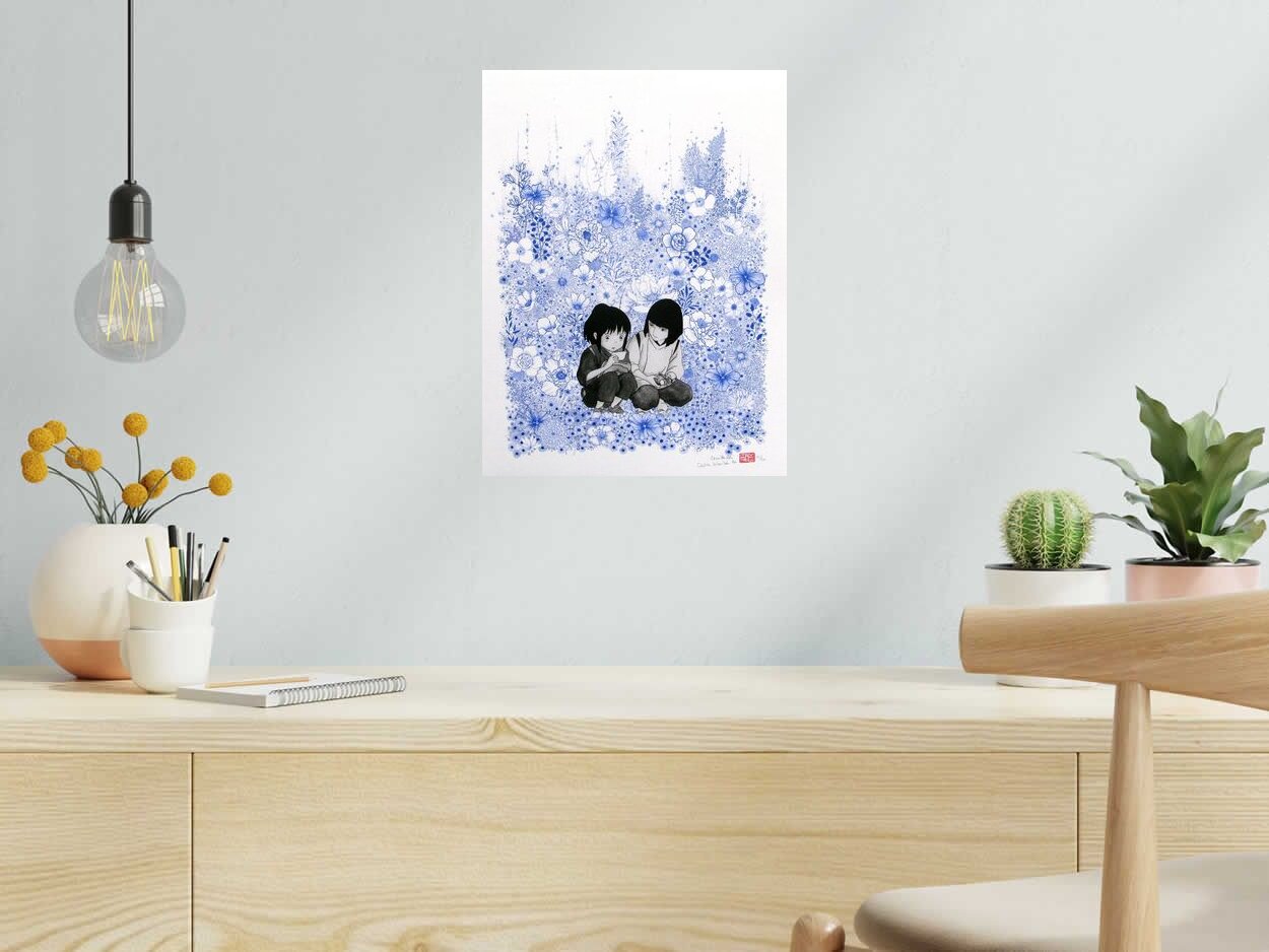 Editions d'art de CAMILLE POLI a pour titre  FLOWER CHIHIRO bleu style figuratif, graphique dim : CAMILLE POLIprix:90