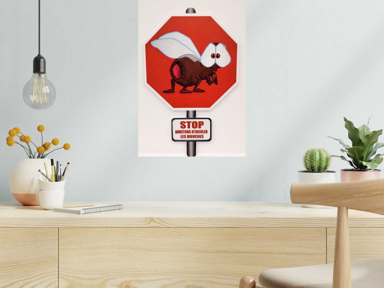 Tableau de L'ARTISTE PITRE a pour titre  Stop arretons  d'******* les mouches style figuratif, graphique dim : L'ARTISTE PITREprix:160