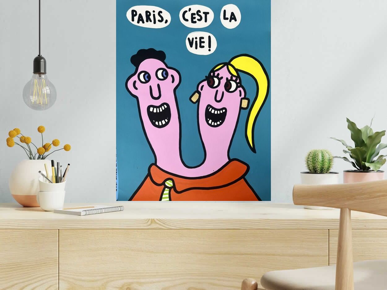 Dessin de MOUSTACHE BLEUE a pour titre  Paris c'est la vie style figuratif dim : MOUSTACHE BLEUEprix:120