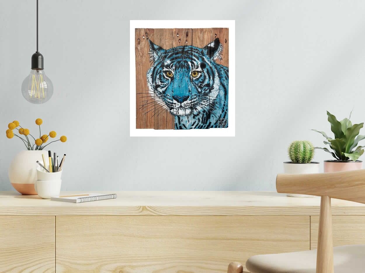 Tableau de MOSKO a pour titre  Buste tigre bleu style street art dim : MOSKOprix:850