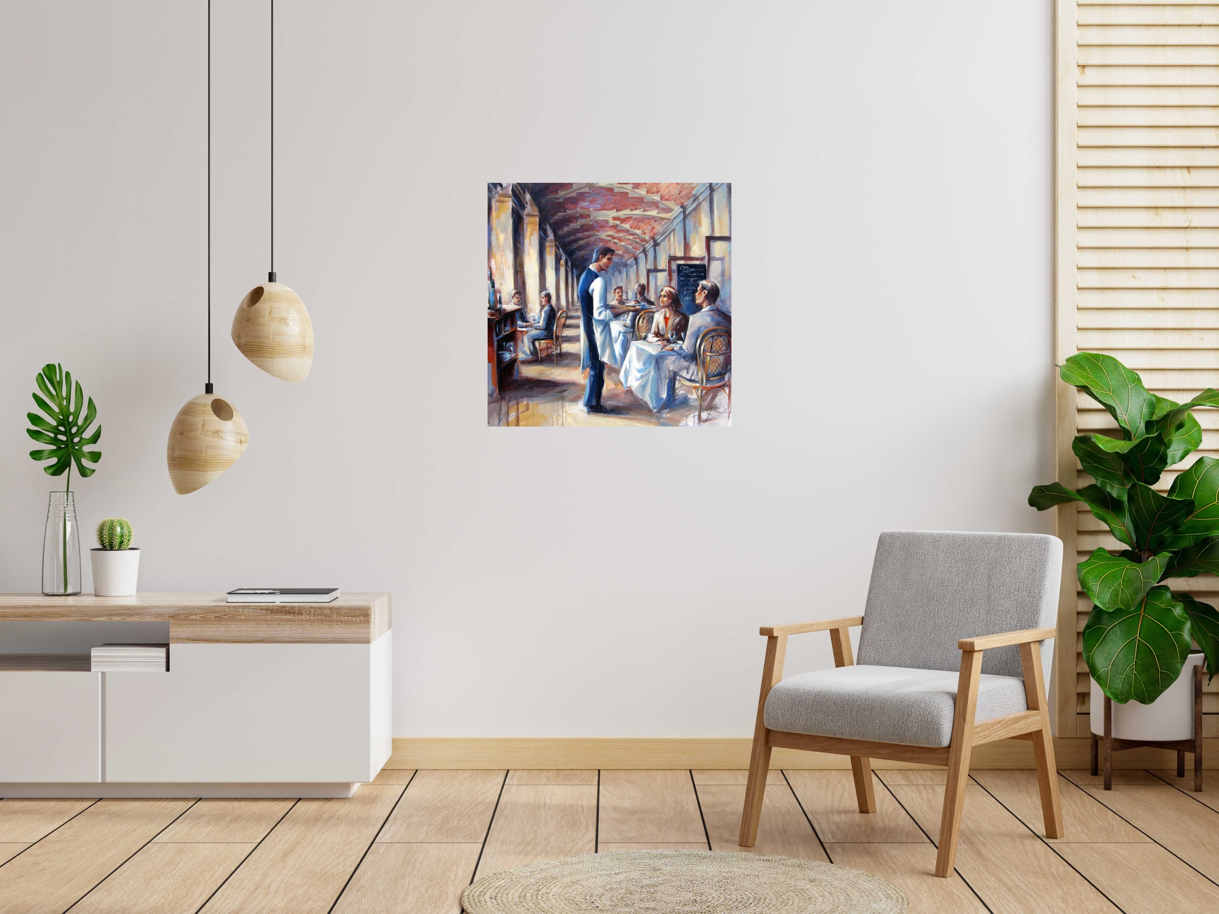 Tableau de JEFF BAILEY a pour titre  RESTAURANT PLACE DES VOSGES style figuratif dim : JEFF BAILEYprix:600