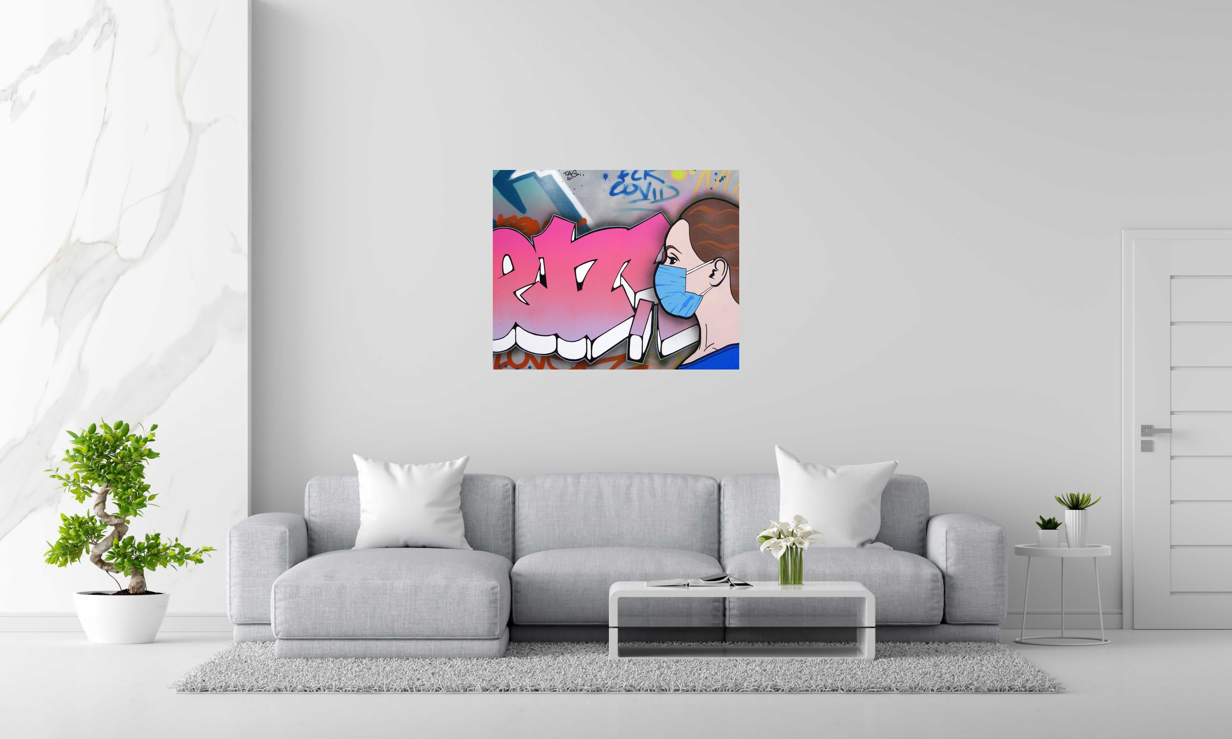Tableau de KENY a pour titre  FUCK COVID style graffiti, street pop art dim : KENYprix:700