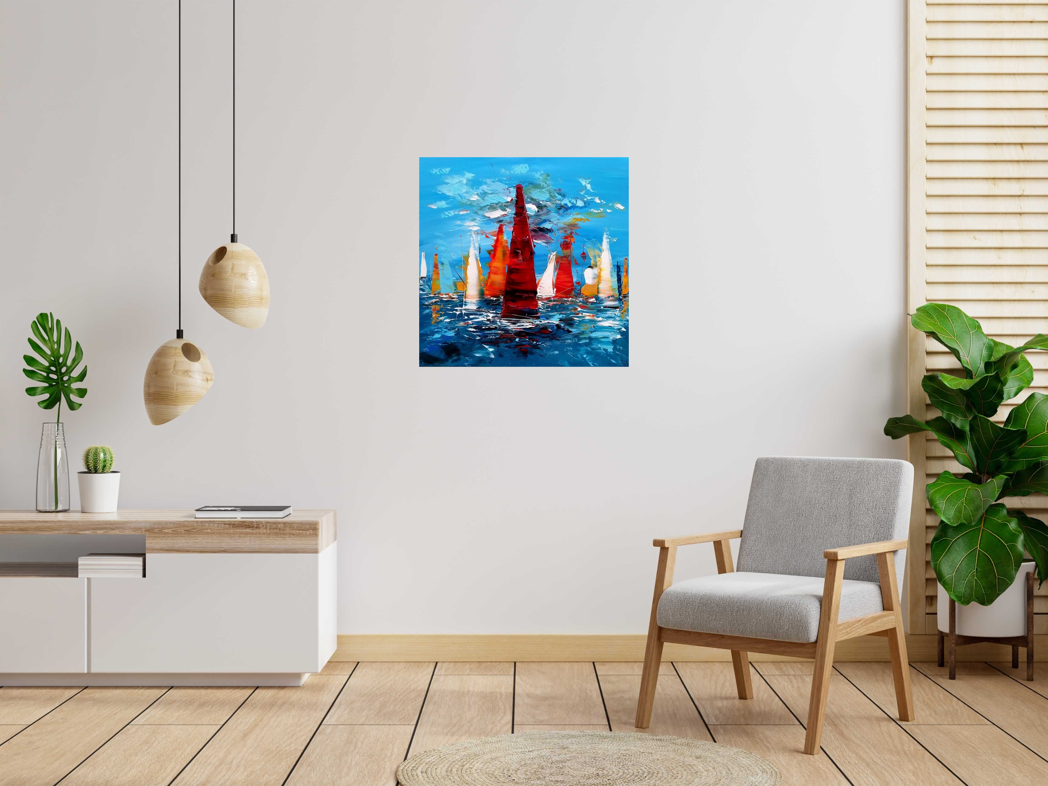 Peinture MARINE ABSTRAITE 2025-101 de F. BOUTET dans un intérieur – 80 × 80 cm
