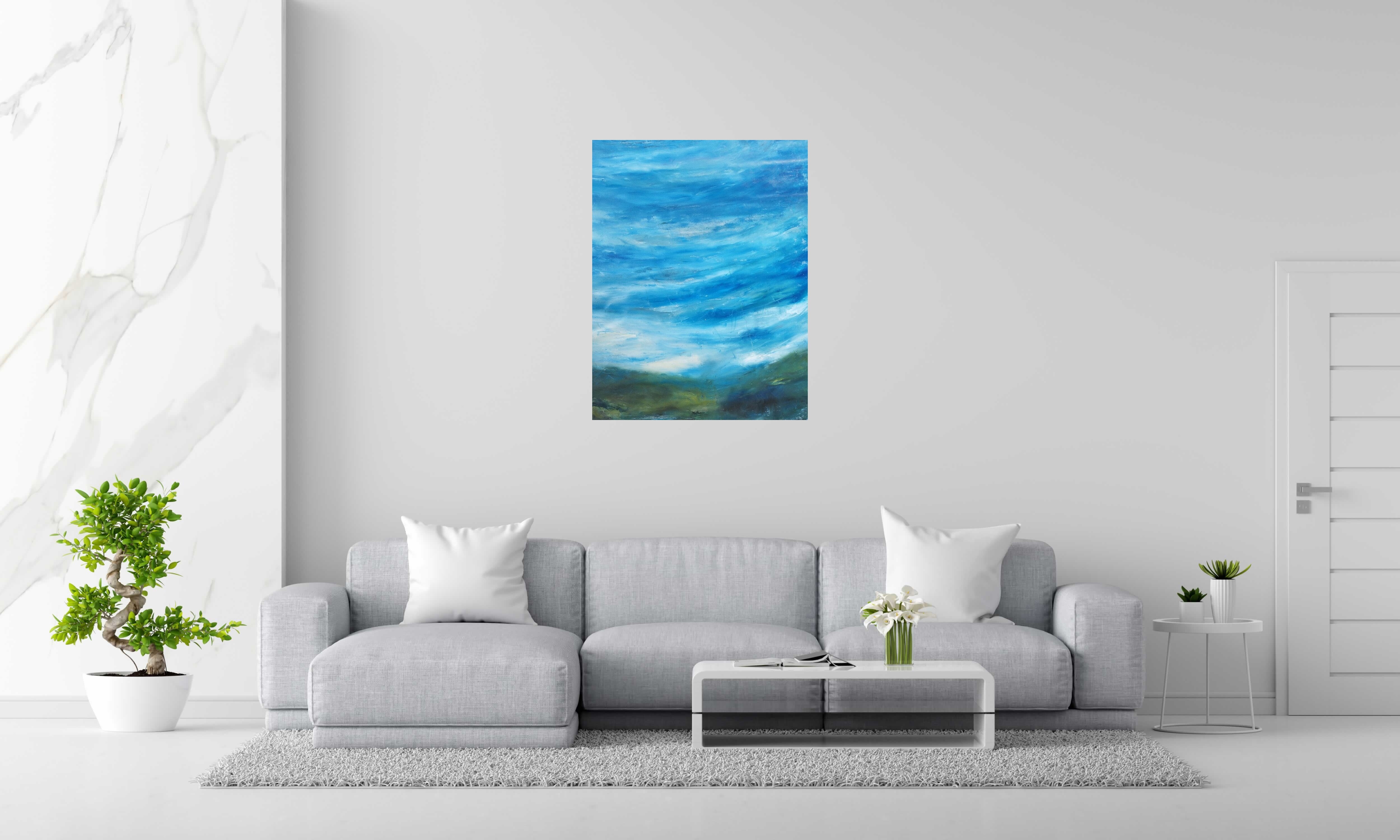 Peinture Terre bleue 2 de PASCALE JACQUEMOND dans un intérieur – 77 × 100 cm