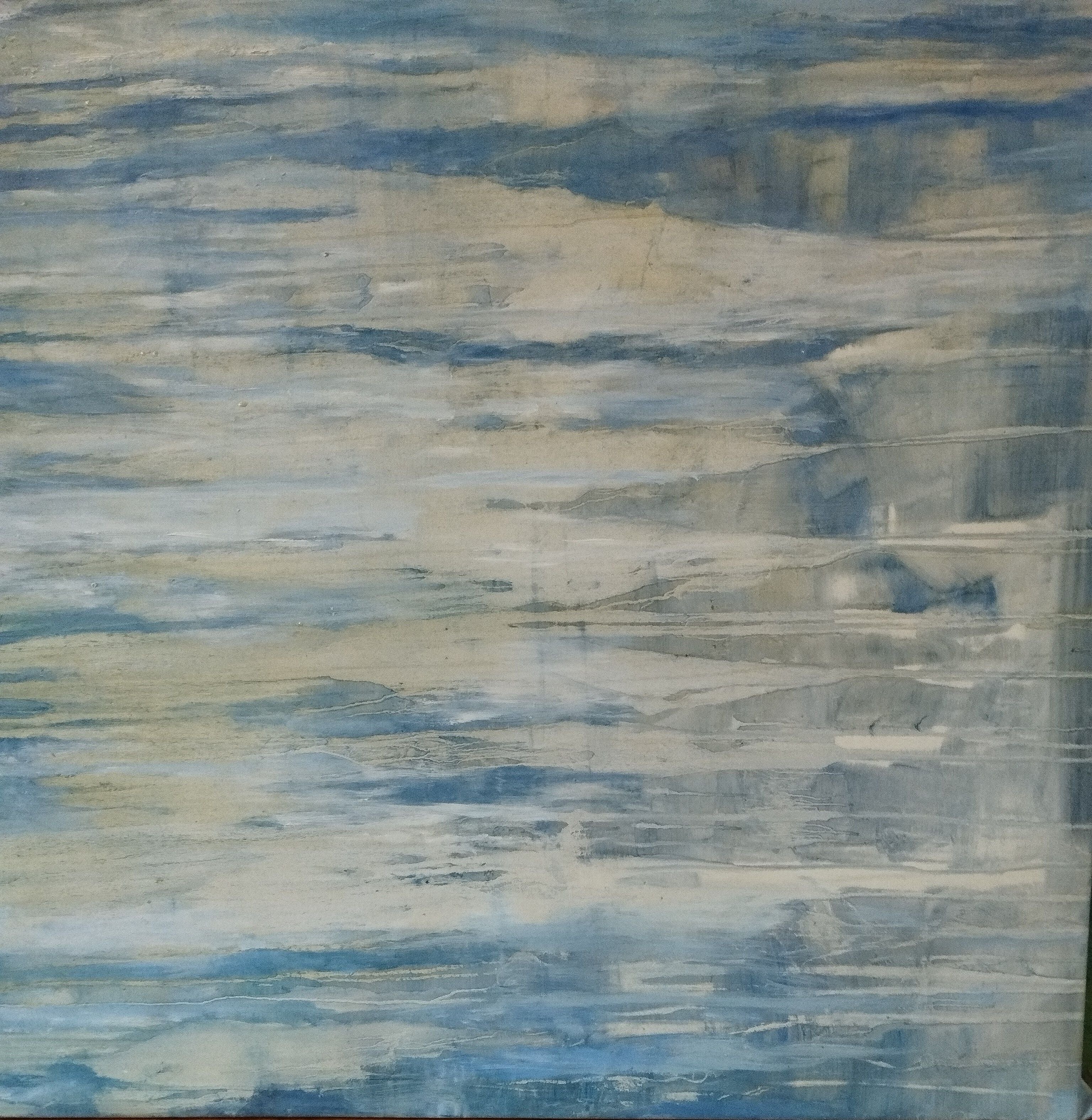 Peinture abstraite grand format blanc et bleu Alluvions – PASCALE JACQUEMOND – 100 × 100 cm
