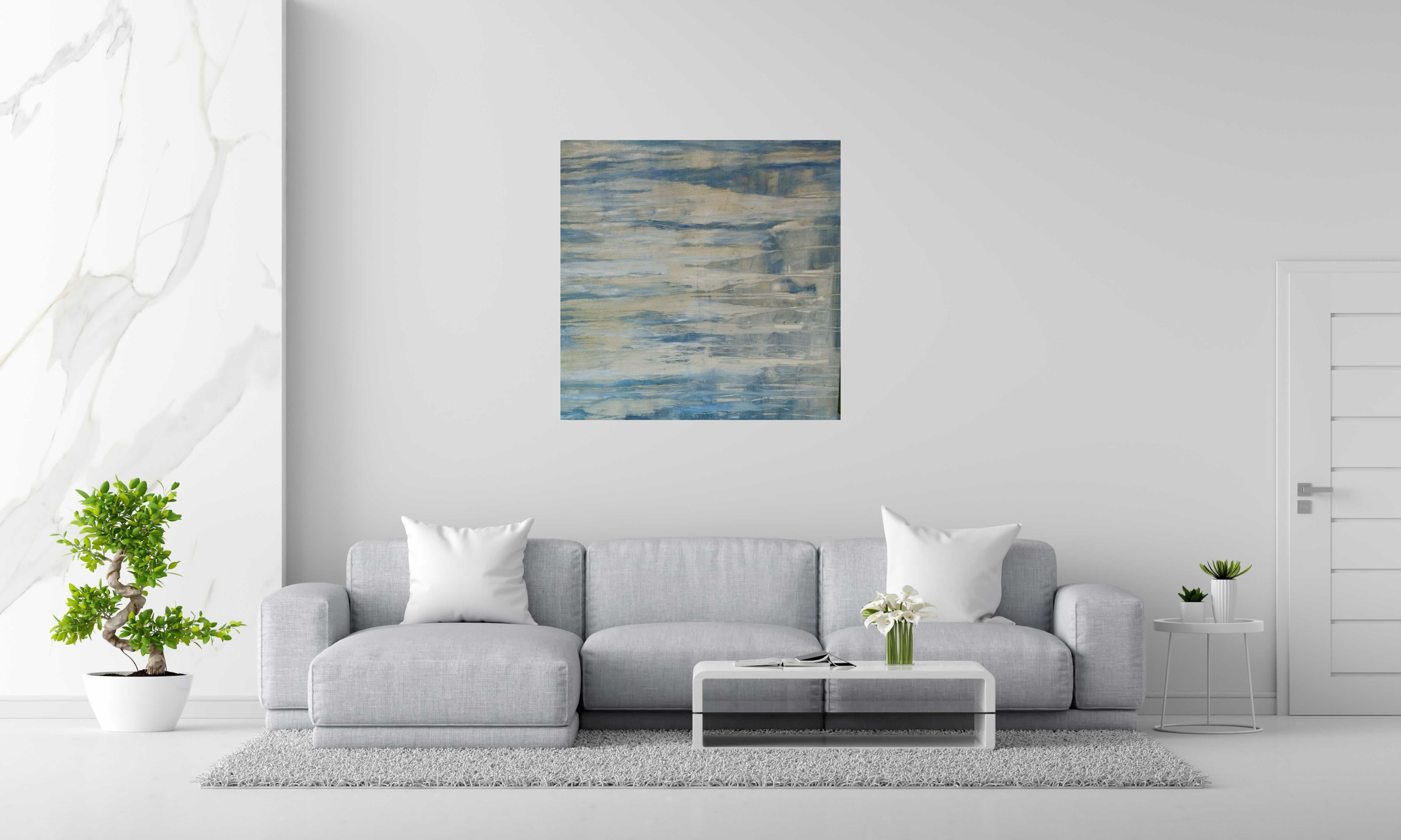 Peinture Alluvions de PASCALE JACQUEMOND dans un intérieur – 100 × 100 cm