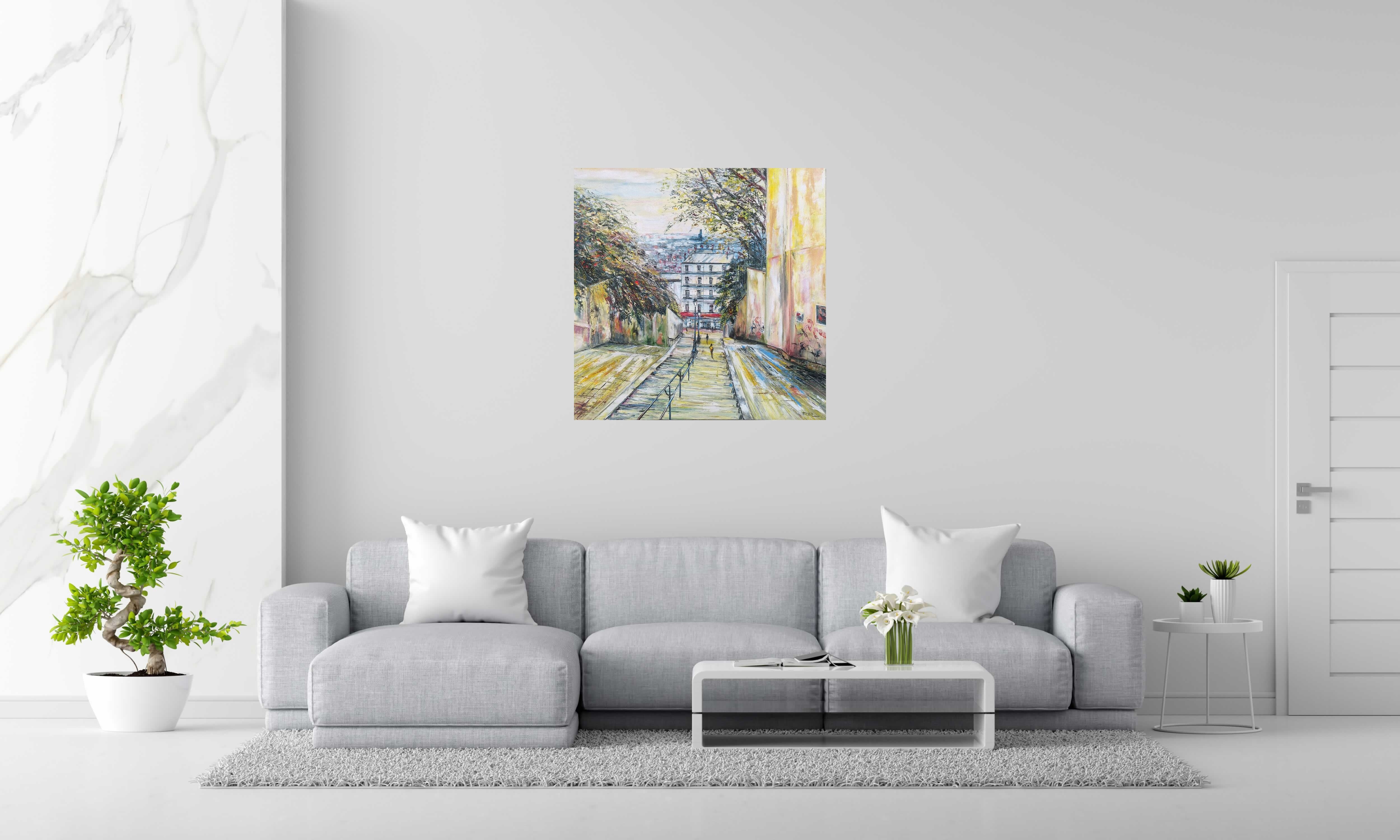 Peinture Montmartre, Paris de PHIL dans un intérieur – 90 × 90 cm