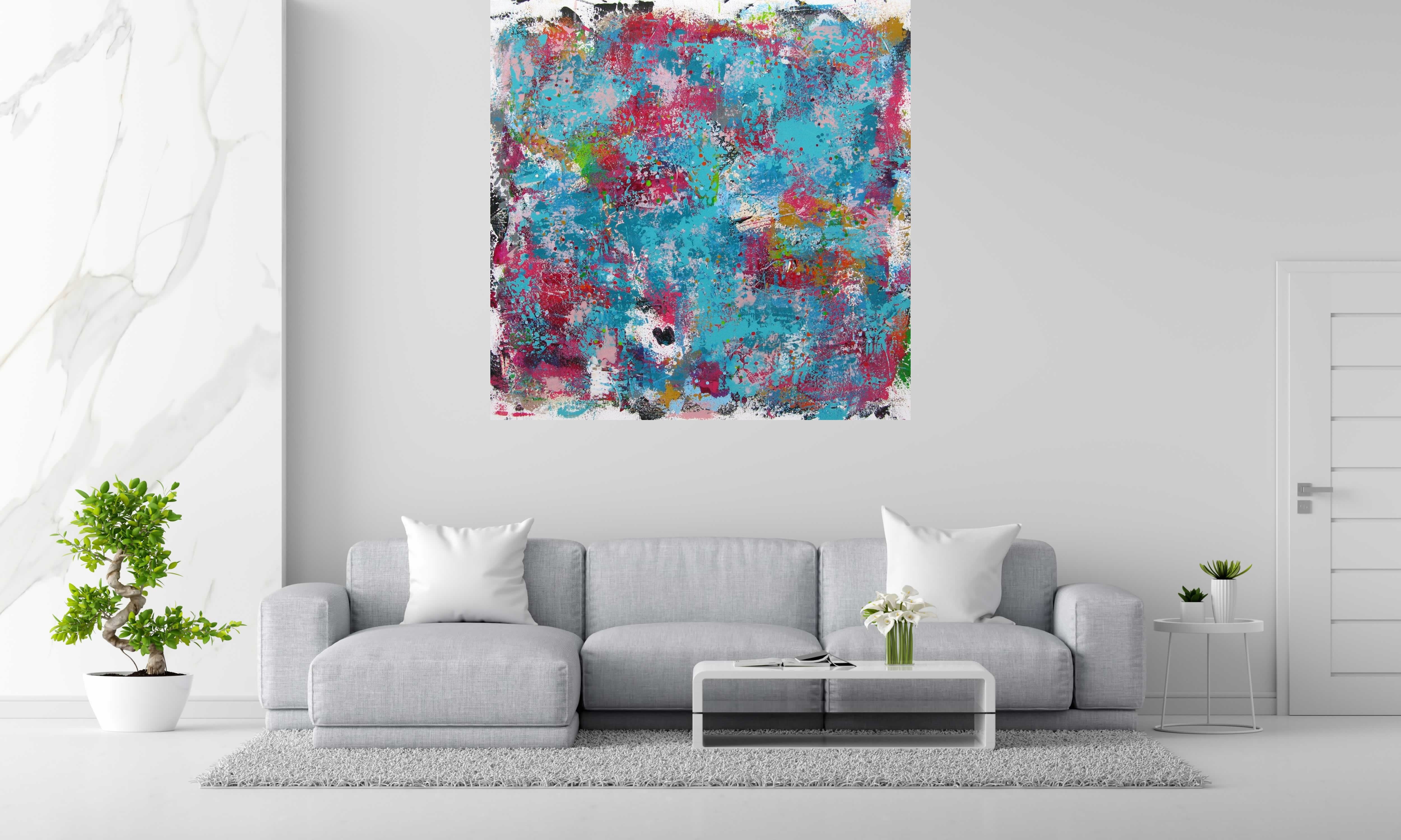 Peinture Rêverie tropézienne - Les salins de CELINE WEBER dans un intérieur – 150 × 150 cm