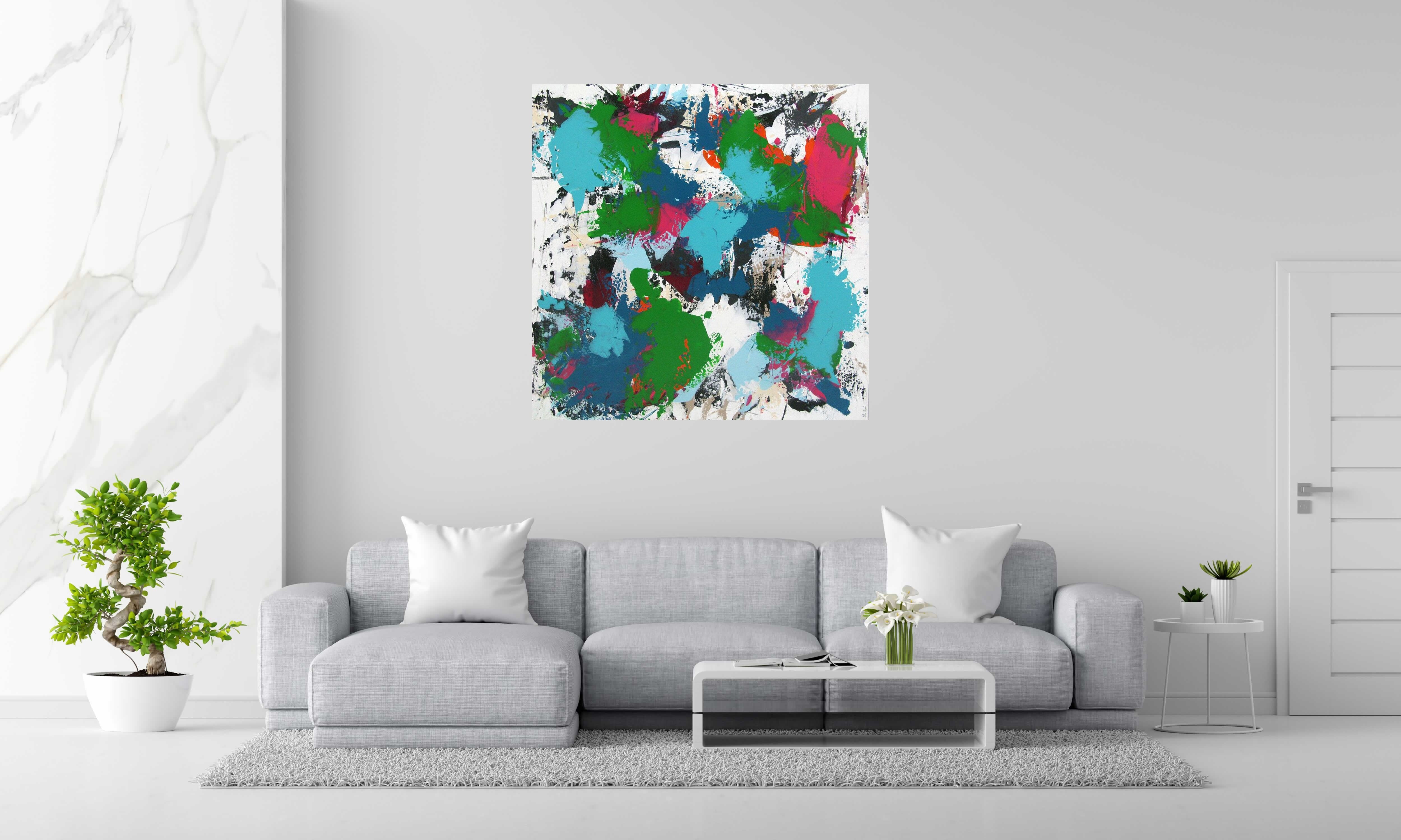 Peinture SPARKLING de CELINE WEBER dans un intérieur – 120 × 120 cm