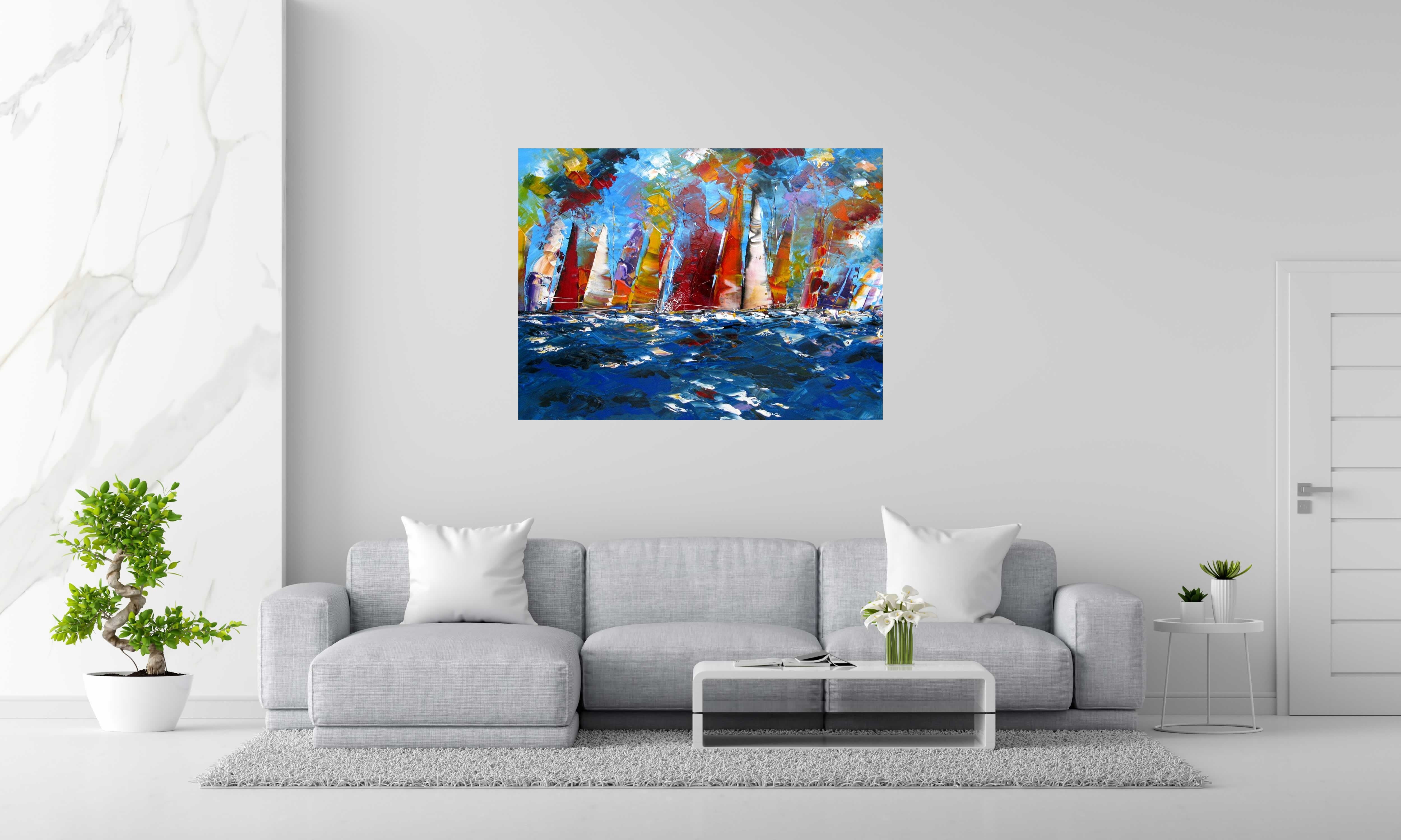 Peinture MARINE ABSTRAITE 2024-55 de F. BOUTET dans un intérieur – 130 × 97 cm