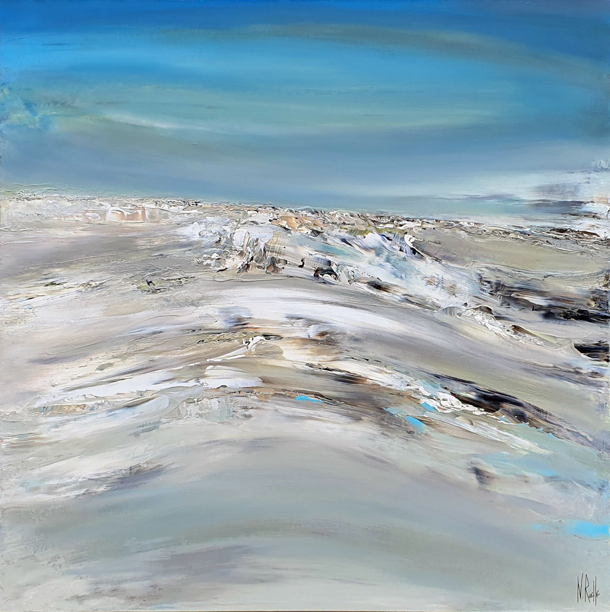 Peinture abstraite grande taille LE LONG VOYAGE – RUELLE NICOLAS – 100 × 100 cm