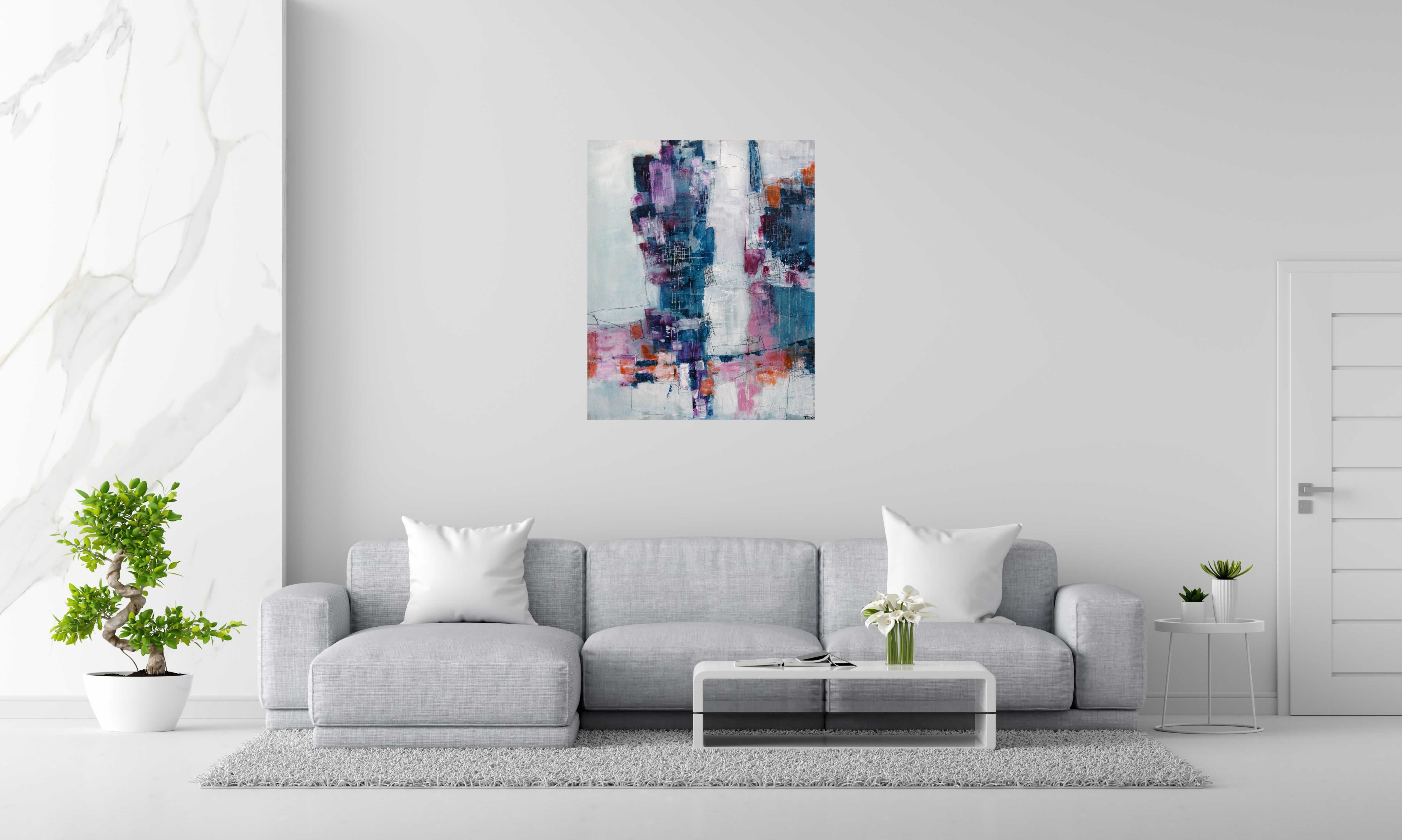Peinture BLEU ET VIOLET de TANIA CARRARA dans un intérieur – 81 × 100 cm