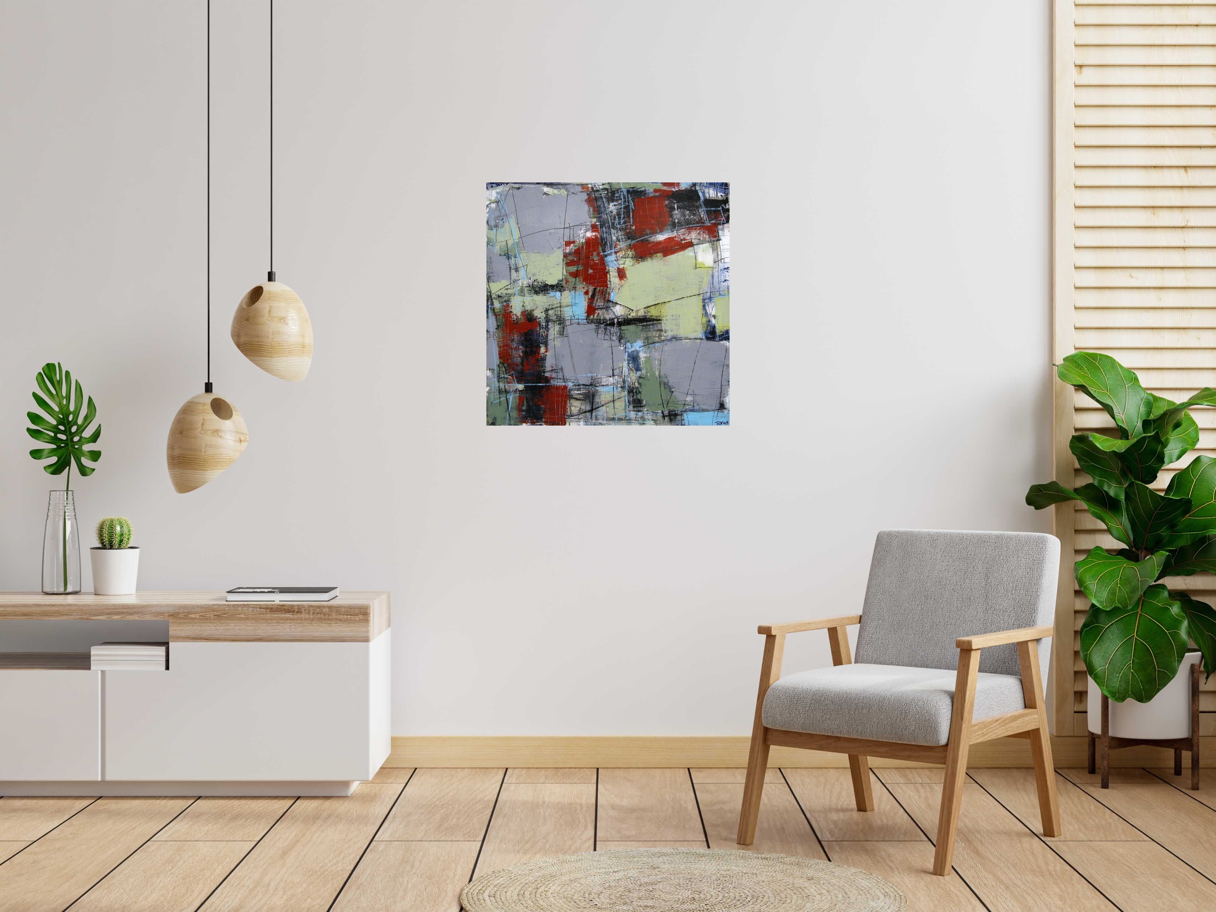 Peinture SANS TITRE MULTICOULEURS de TANIA CARRARA dans un intérieur – 80 × 80 cm