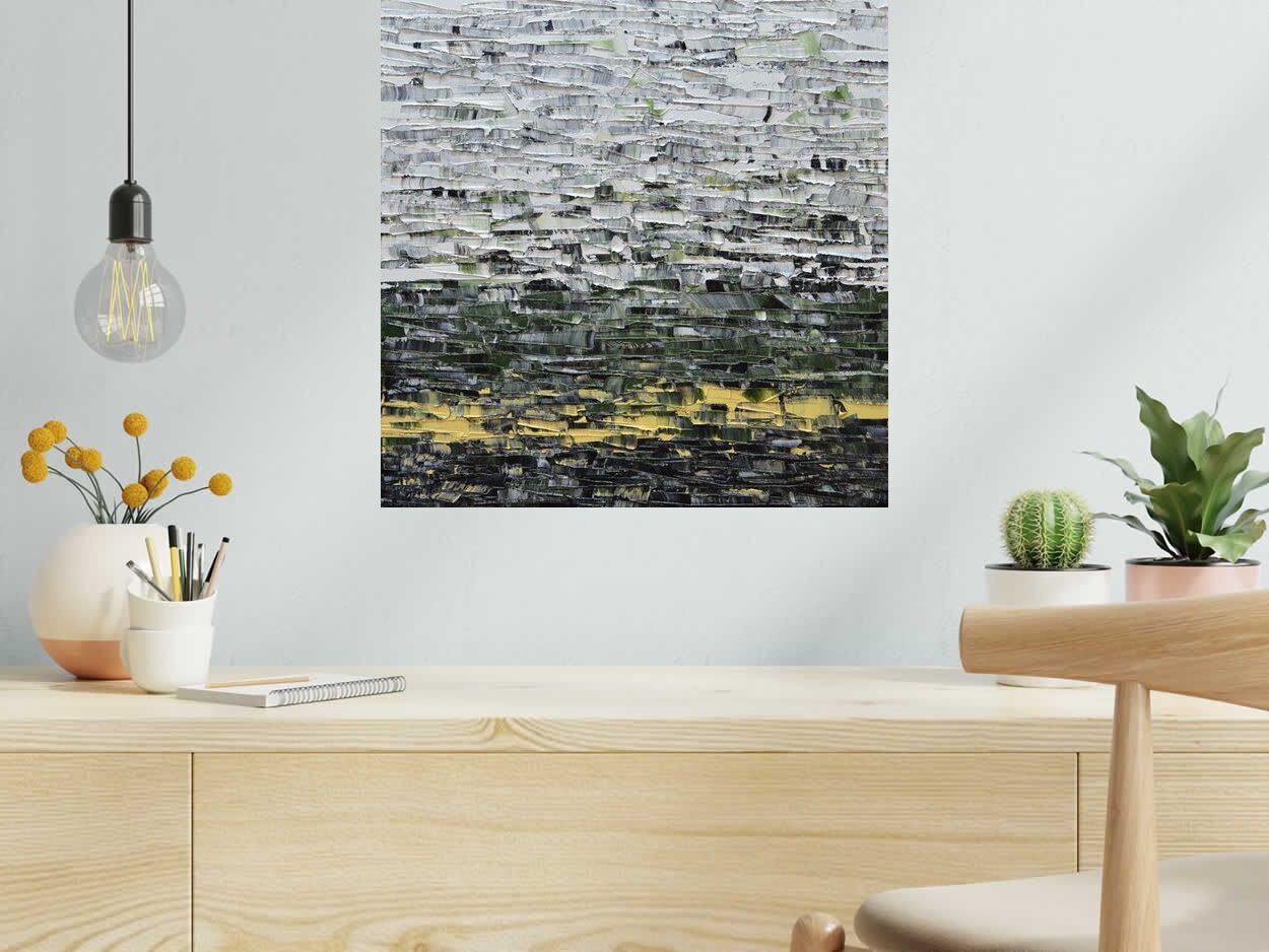 Peinture Peinture abstraite 01-2025-9 de ALAIN BECANNE dans un intérieur – 50 × 50 cm
