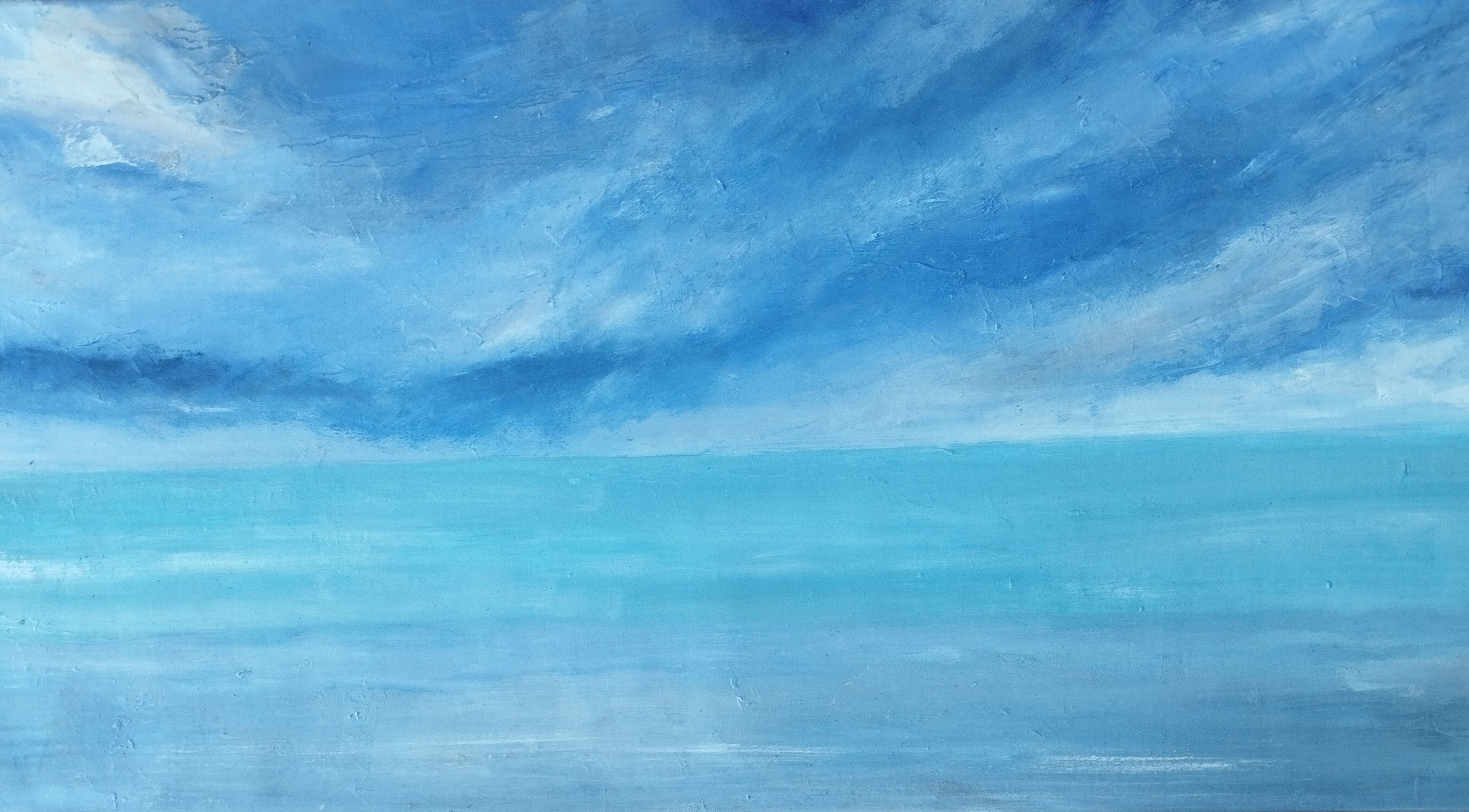 Peinture abstraite moyen format blanc et bleu Bleu gris – PASCALE JACQUEMOND – 100 × 50 cm